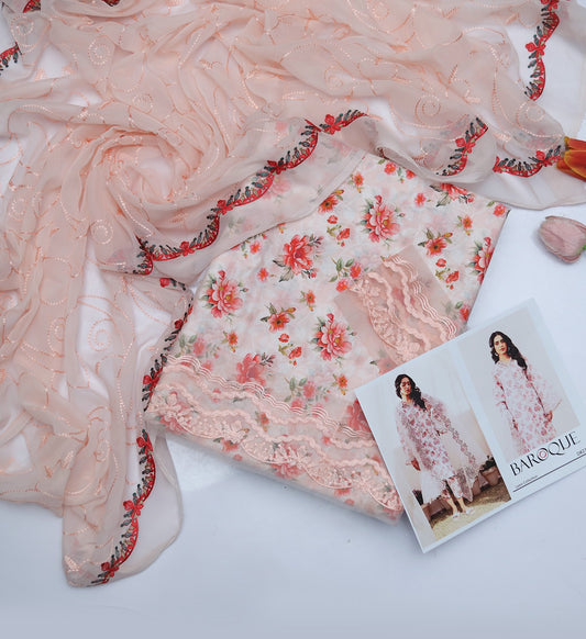 3PC PRINTED & EMBROIDERED LAWN SUIT WITH READY-TO-WEAR DUPATTA | EID OFFER BAROQUE